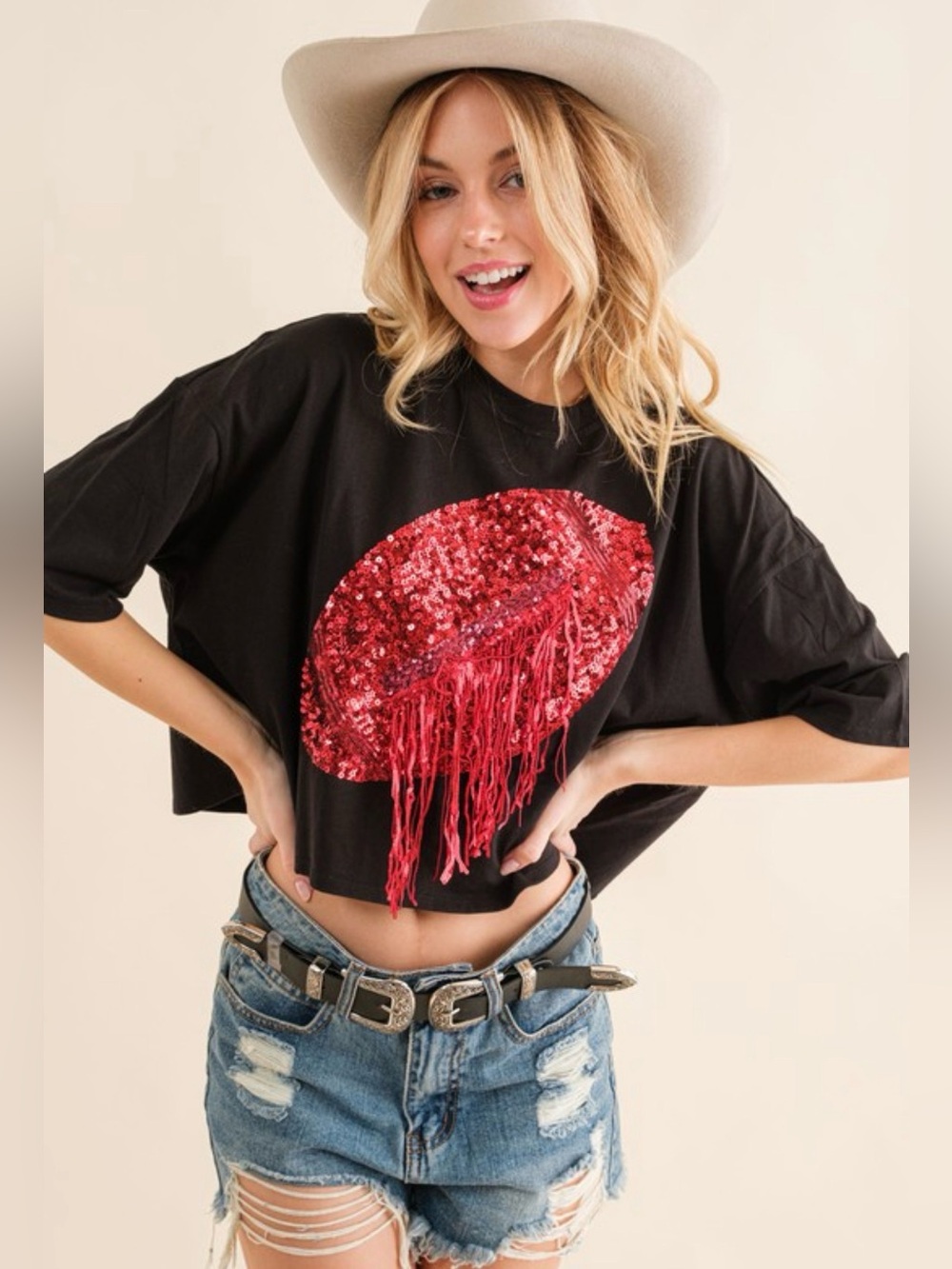 NWT Black Cropped Tee with Red Sequin Fringe Football Design Large Blue b - Picture 2 of 5